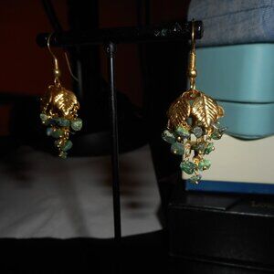EARRINGS - 1 pair - green and gold - fish hook ear wire